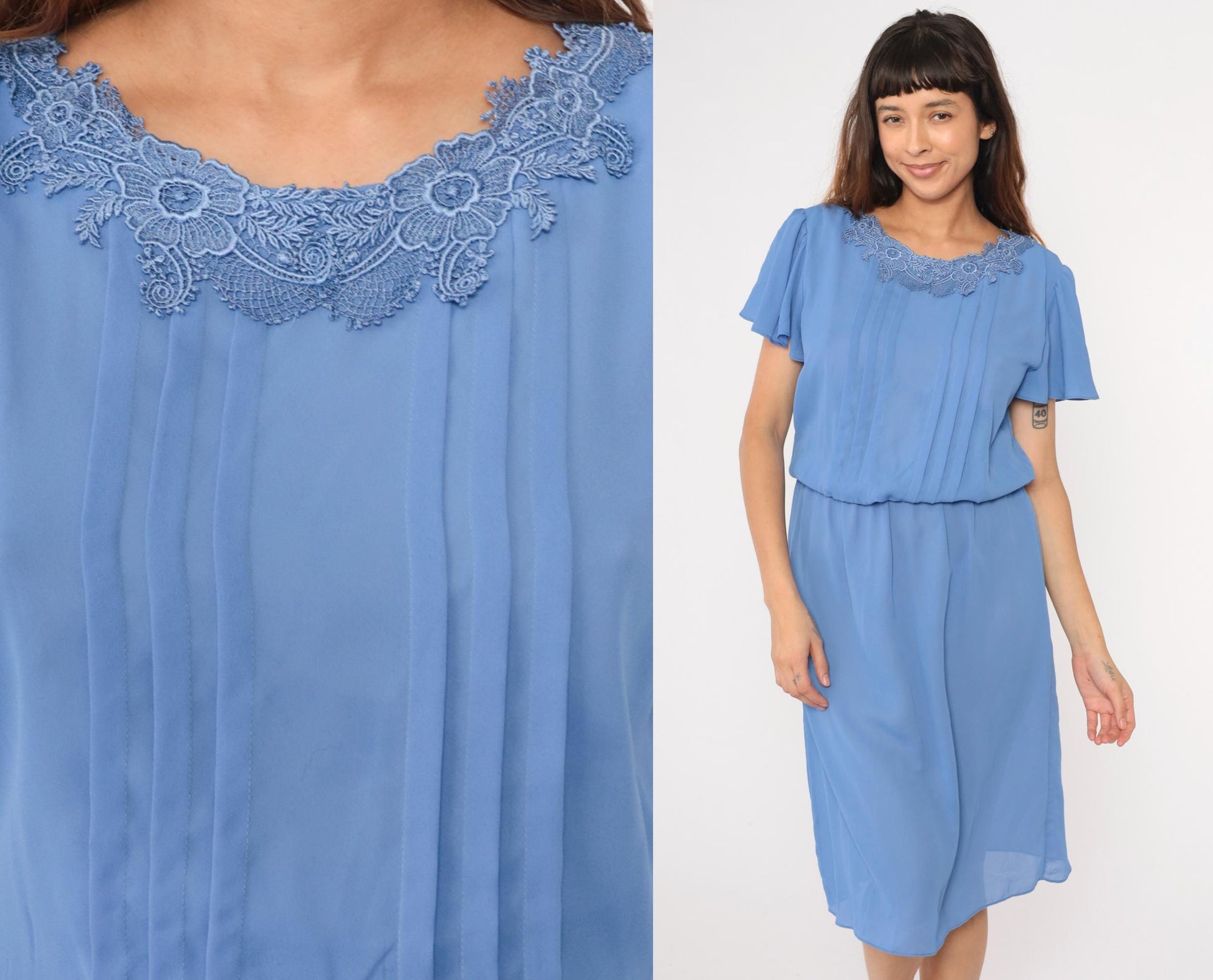 80s Blue Midi Dress Lace Collar Flutter Sleeve High Waist Pleated Medium