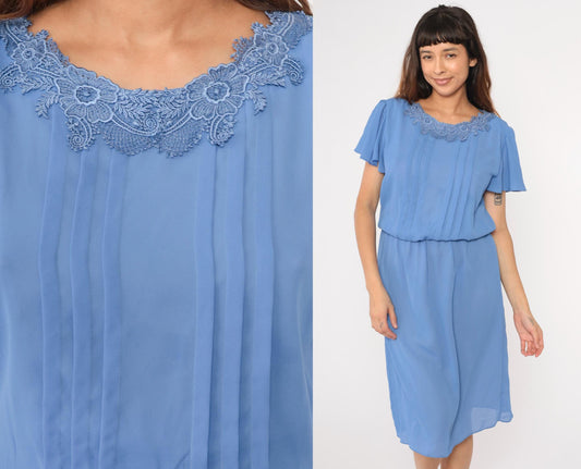 80s Blue Midi Dress Lace Collar Flutter Sleeve High Waist Pleated Medium