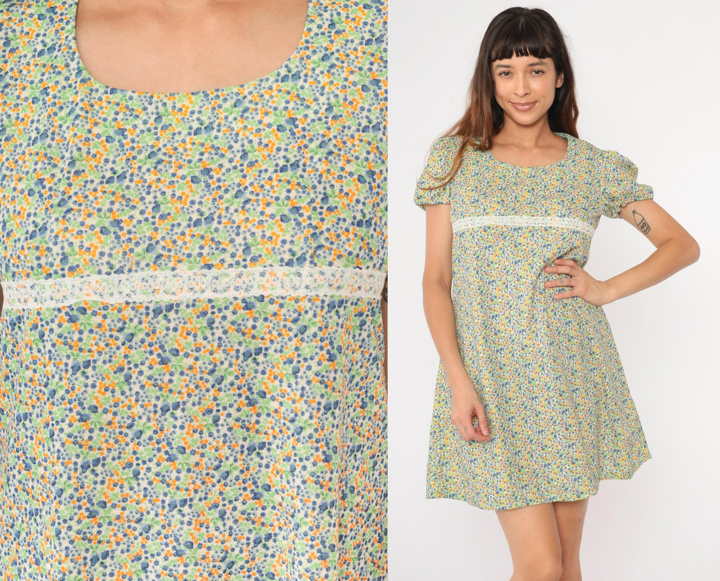 60s Floral Babydoll Dress Puff Sleeve Empire Waist Mini Green Blue Medium