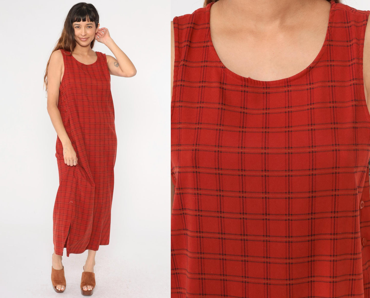 90s Red Checkered Maxi Pinafore Dress Scoop Neck Side Buttons Medium