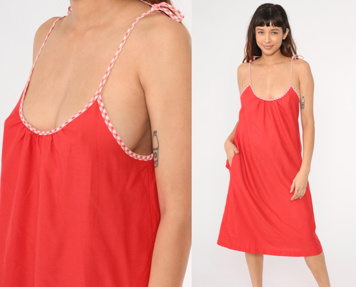 70s Red Spaghetti Strap Midi Tent Dress Checkered Trim Medium M