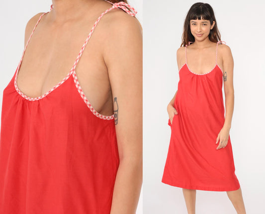 70s Red Spaghetti Strap Midi Tent Dress Checkered Trim Medium M