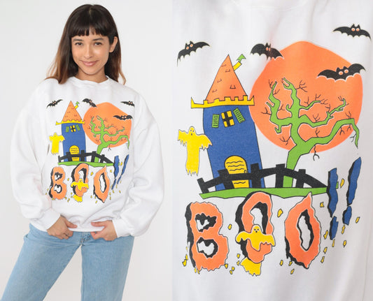 90s Tultex Halloween Sweatshirt Haunted House Boo Ghosts White Extra Large XXL