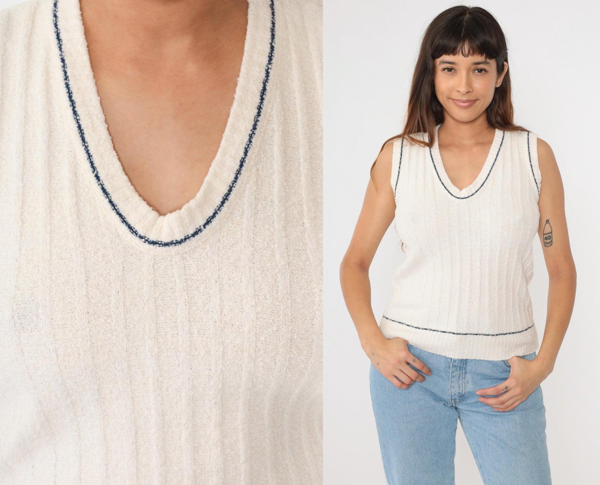 70s Sabra Sweater Vest White Ribbed Knit V-Neck Navy Trim Small