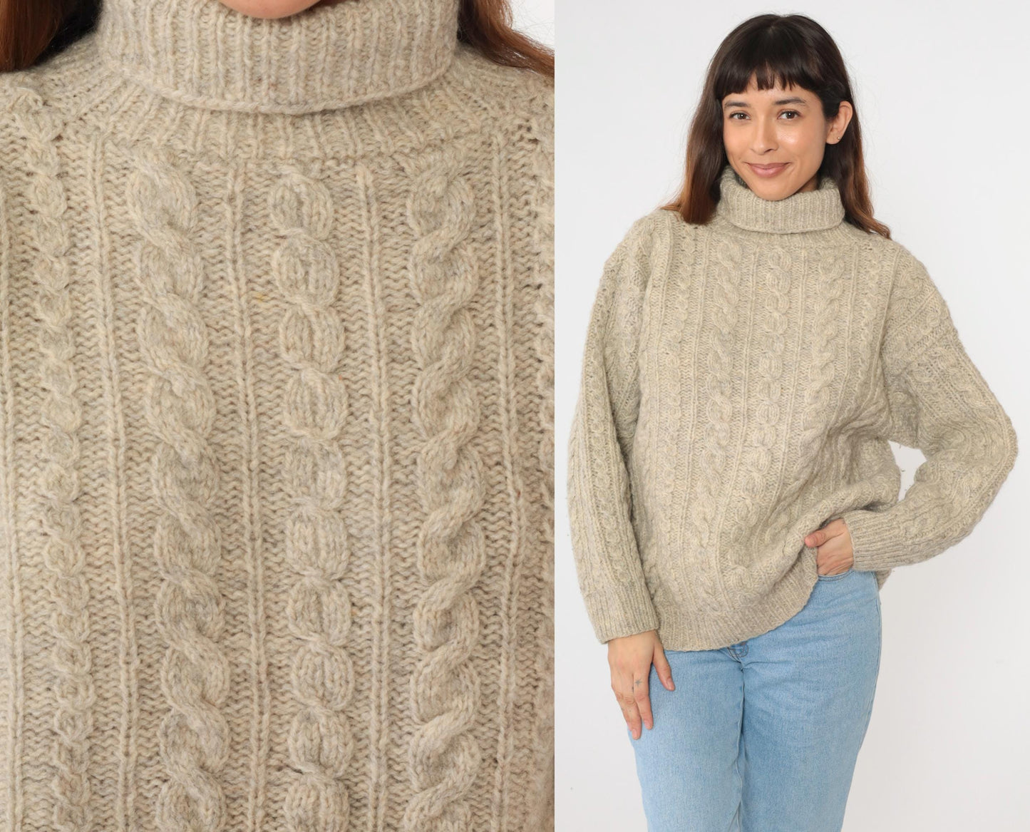 80s Beige Cable Knit Turtleneck Sweater Flecked Pullover Large