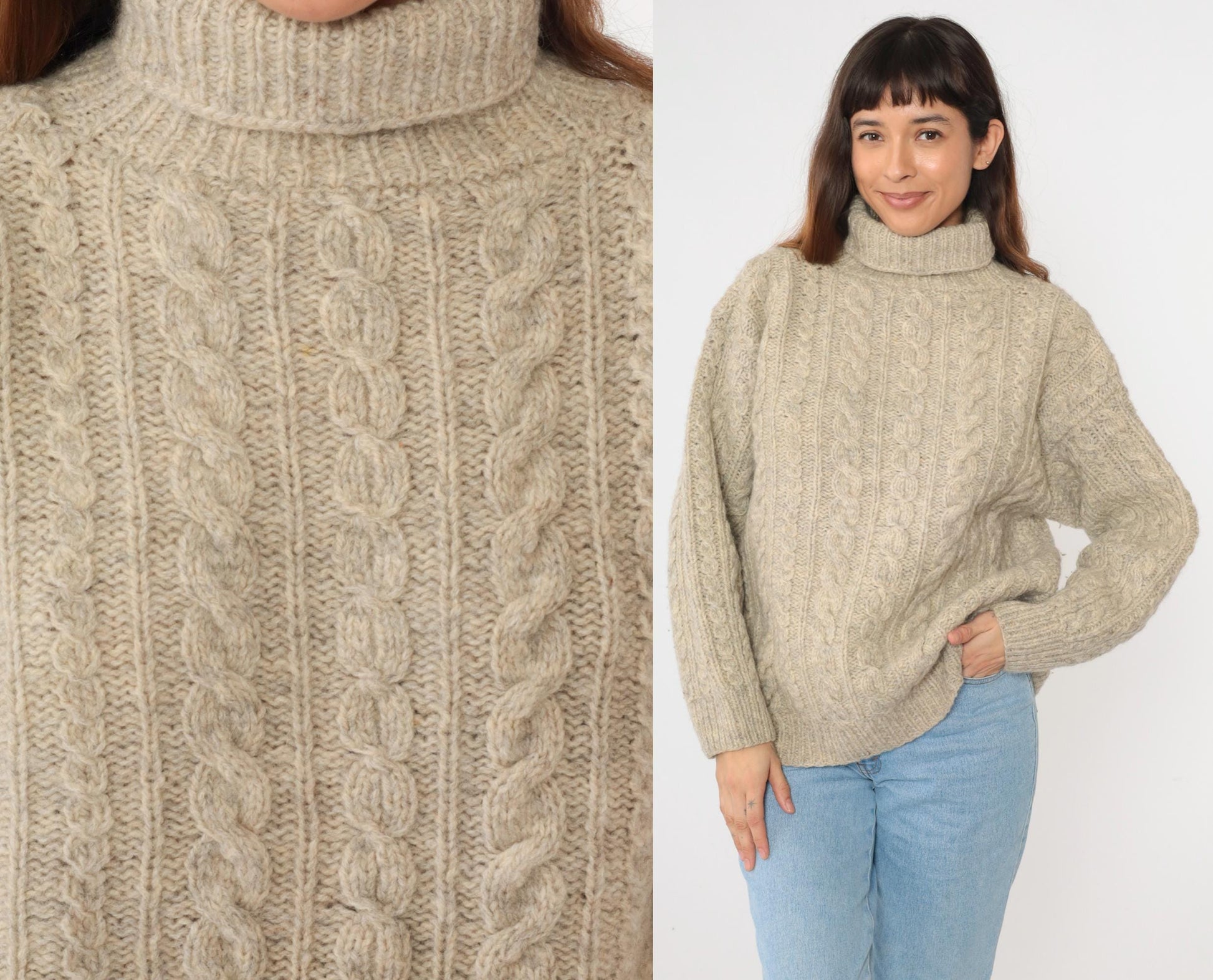 80s Beige Cable Knit Turtleneck Sweater Flecked Pullover Large