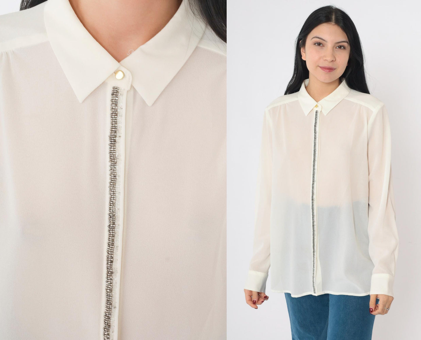 90s Liz Claiborne Beaded White Button-Up Blouse Long Sleeve Large