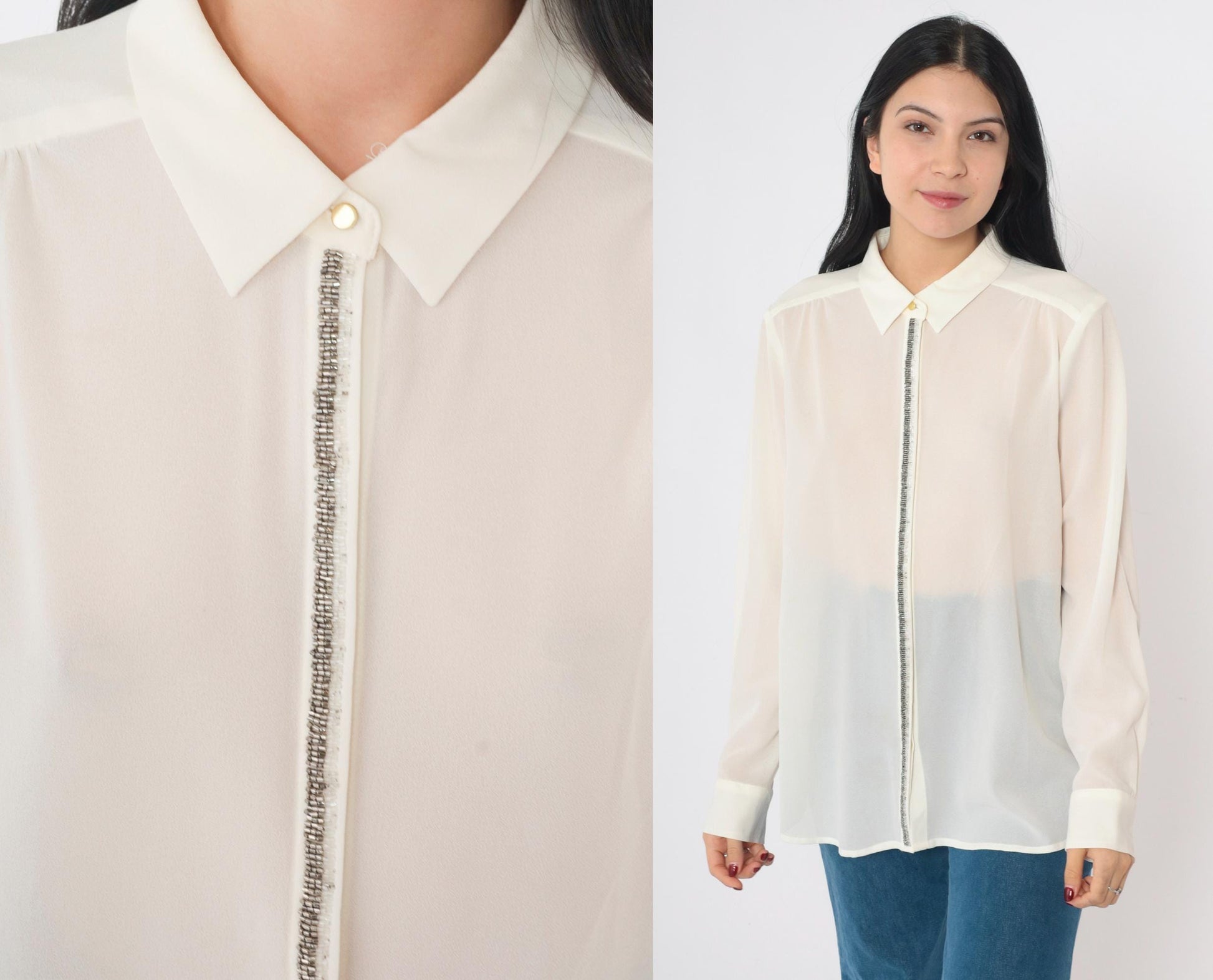 90s Liz Claiborne Beaded White Button-Up Blouse Long Sleeve Large