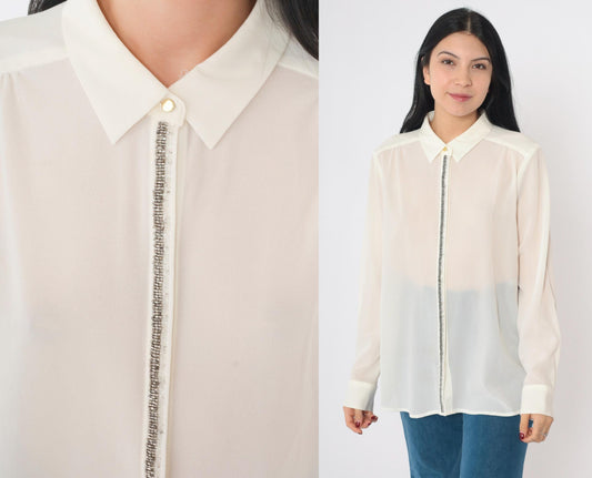 90s Liz Claiborne Beaded White Button-Up Blouse Long Sleeve Large