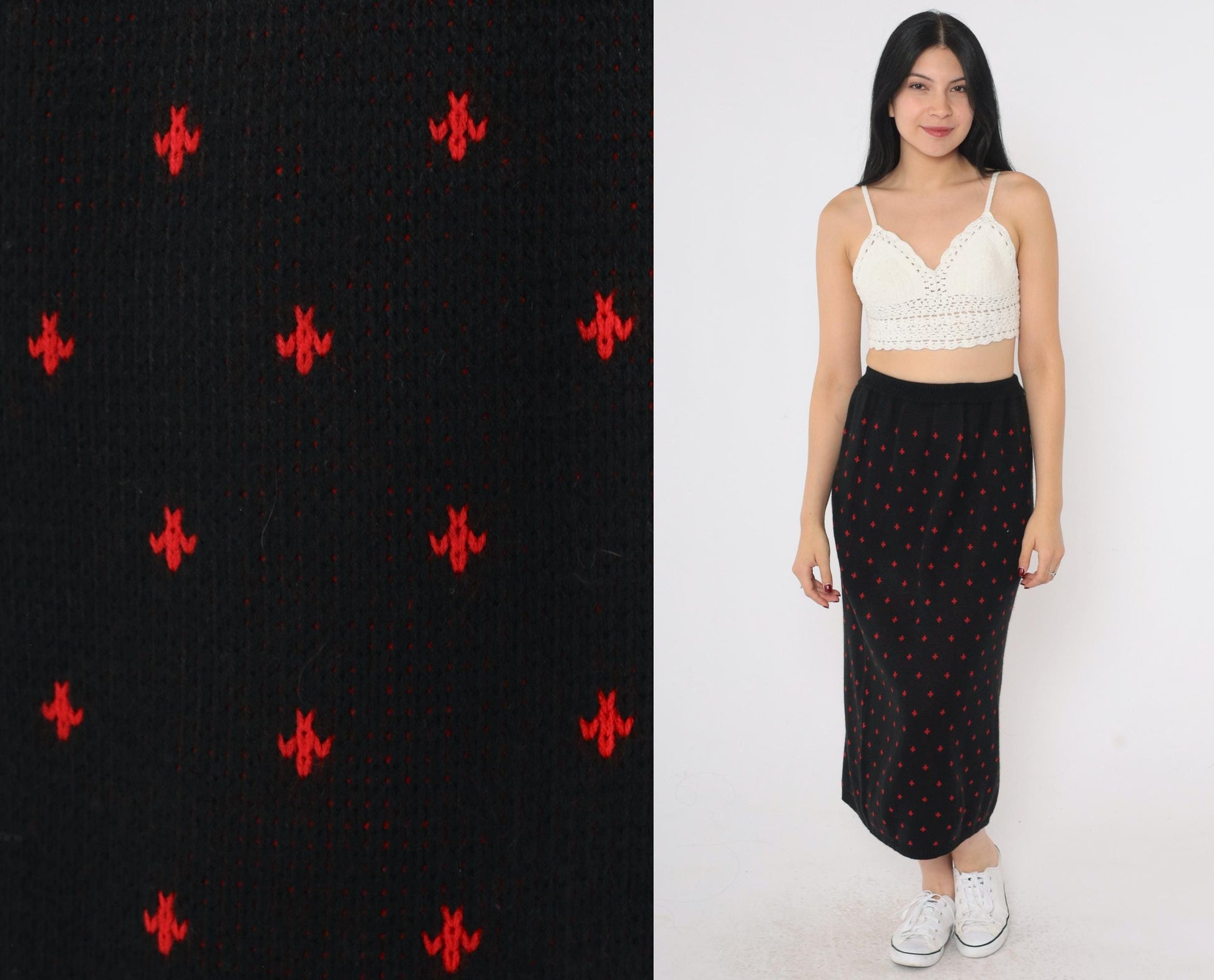 80s Khazana Black Knit Midi Skirt Red Geometric Print Elastic Waist Small