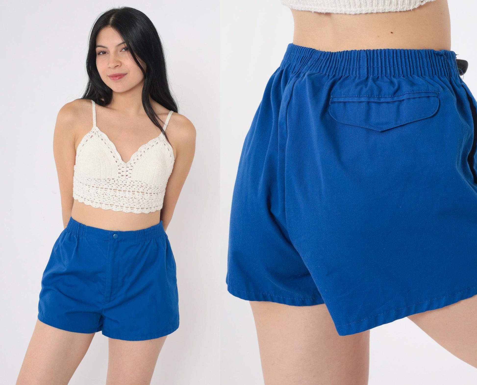 80s Royal Blue Athletic Shorts Elastic Waist High Rise Medium Large
