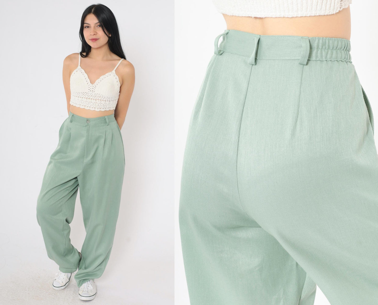 90s Light Green Pleated High-Waist Tapered Trousers Medium
