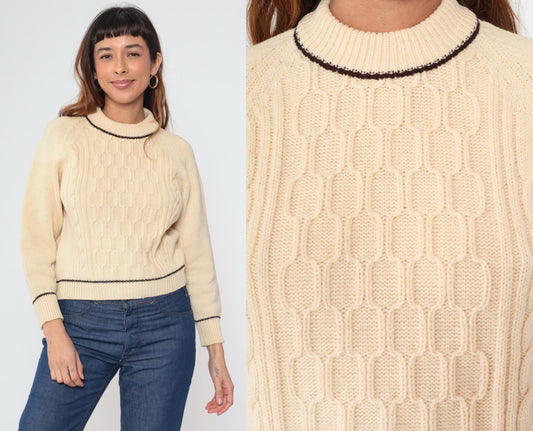 60s Cable Knit Sweater Cream Pullover Raglan Honeycomb Texture Small