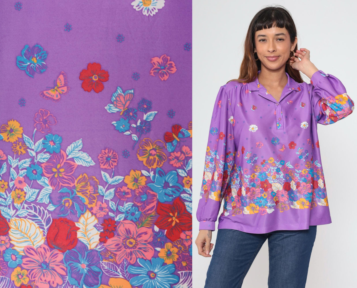 70s Penny Lou Floral Butterfly Blouse Purple Puff Sleeve Button Up Extra Large