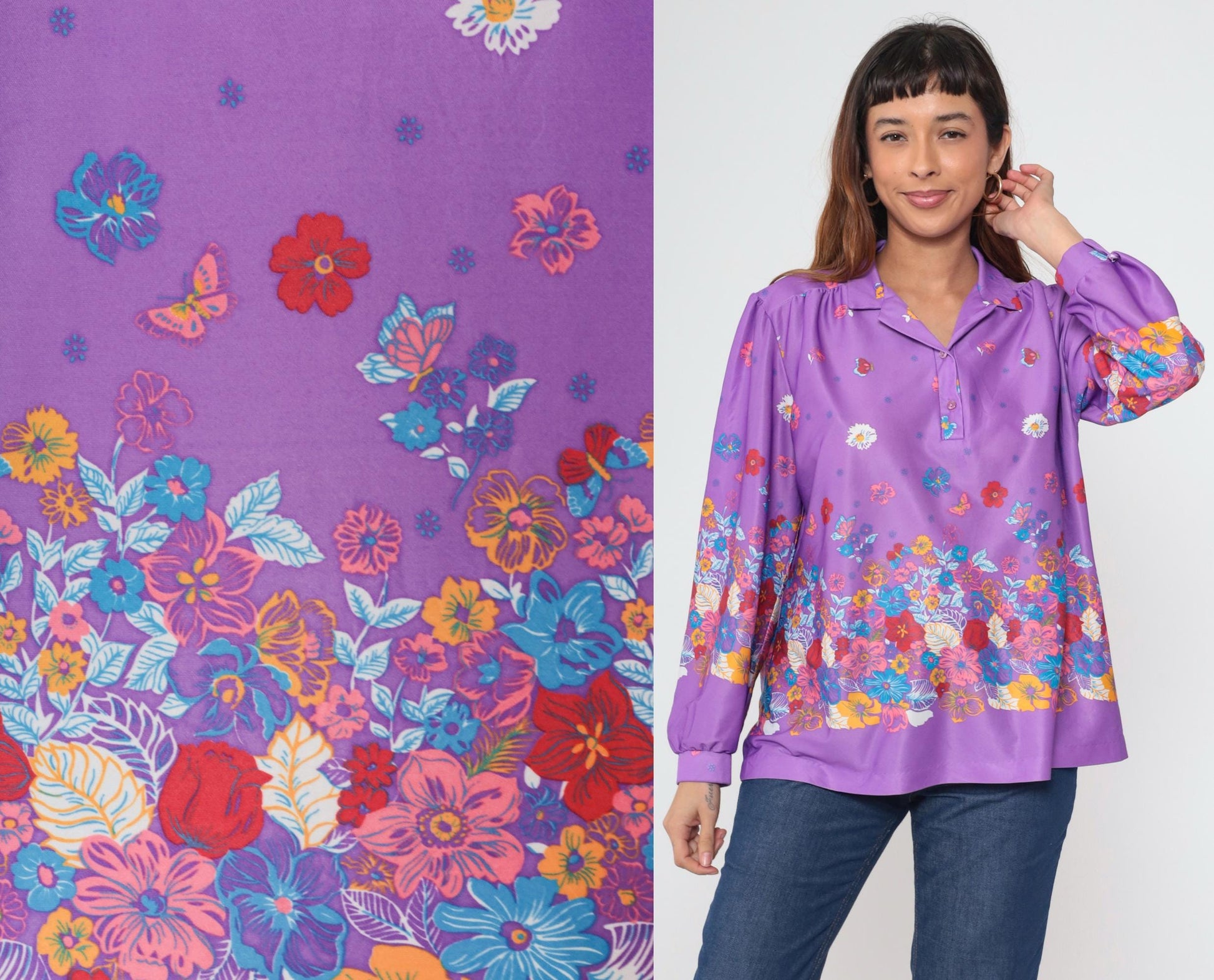 70s Penny Lou Floral Butterfly Blouse Purple Puff Sleeve Button Up Extra Large