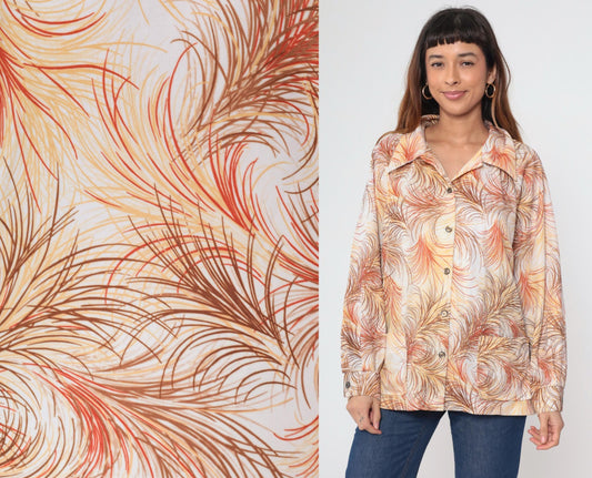 70s Abstract Feather Print Button Up Blouse Dagger Collar Yellow Orange Brown Extra Large