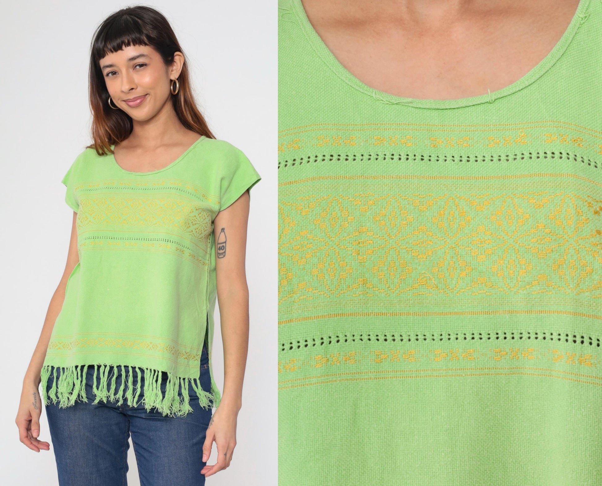 80s Lime Green Embroidered Mexican Tunic Top Geometric Cutwork Cap Sleeve Medium