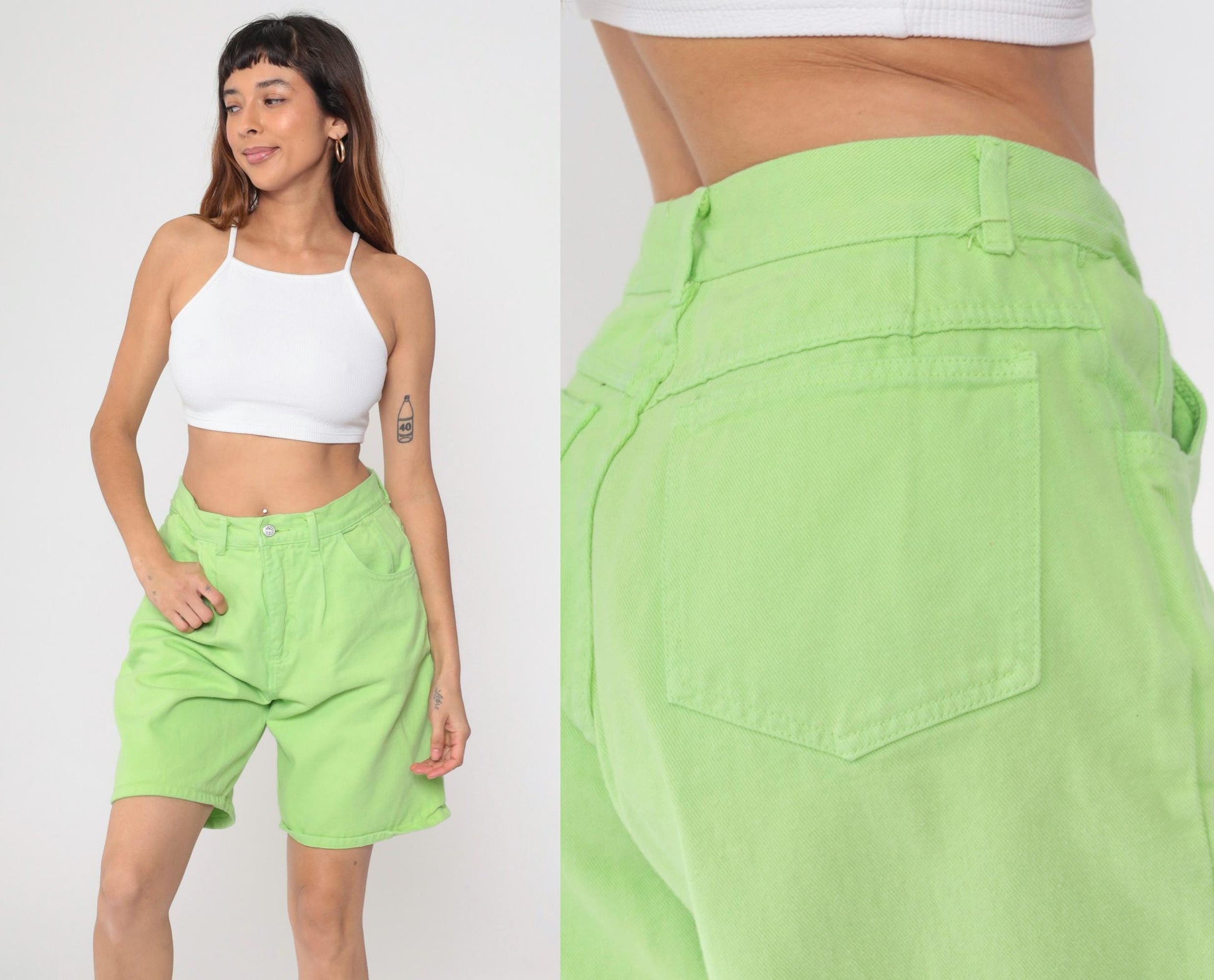 90s Lime Green Denim Shorts High Waist Jean Shorts Cotton Large 12