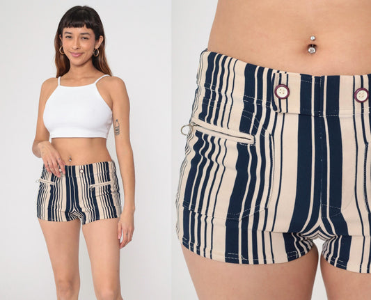 70s Catalina Striped Swim Shorts Navy Beige High-Waisted Bikini Bottom Small