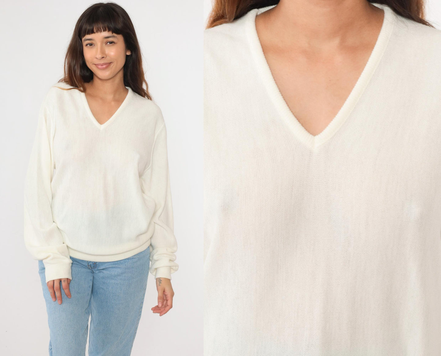 80s Sportswear by Bryant White V-Neck Knit Sweater Pullover Large L