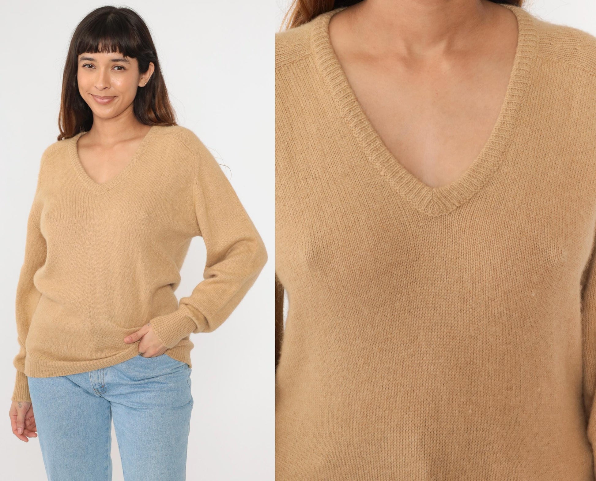 80s Tan V-Neck Knit Sweater Slouchy Pullover Small