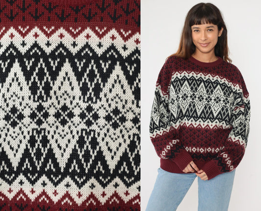 90s Fair Isle Sweater Maroon Black White Geometric Knit Pullover Extra Large