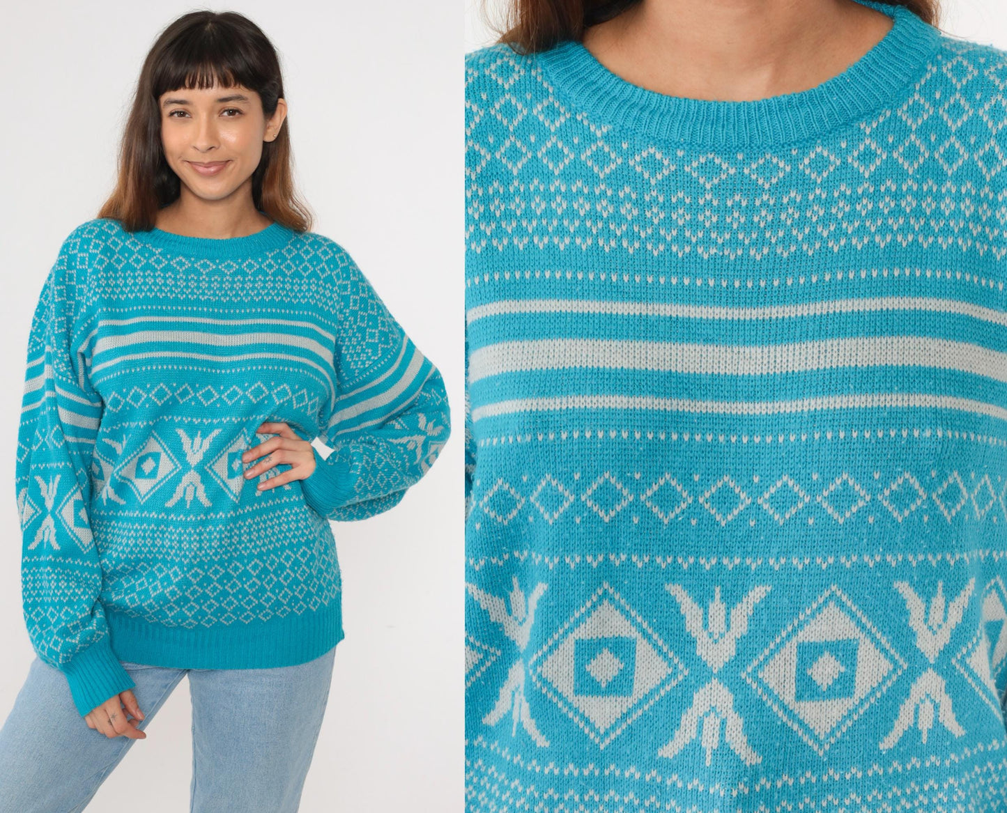 80s Geometric Knit Sweater Bright Blue Diamond Abstract Crewneck Medium M