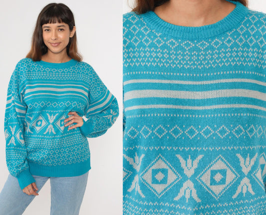 80s Geometric Knit Sweater Bright Blue Diamond Abstract Crewneck Medium M