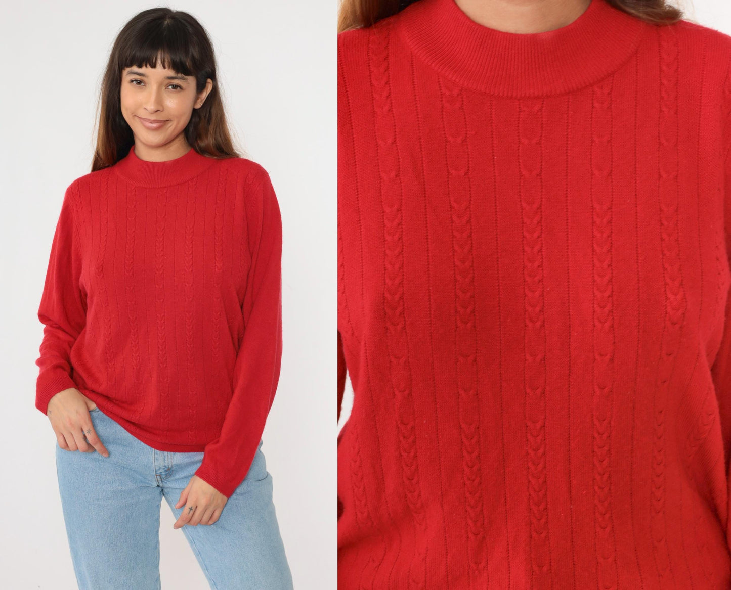 90s Alison Daley Red Cable Knit Mock Neck Sweater Large L