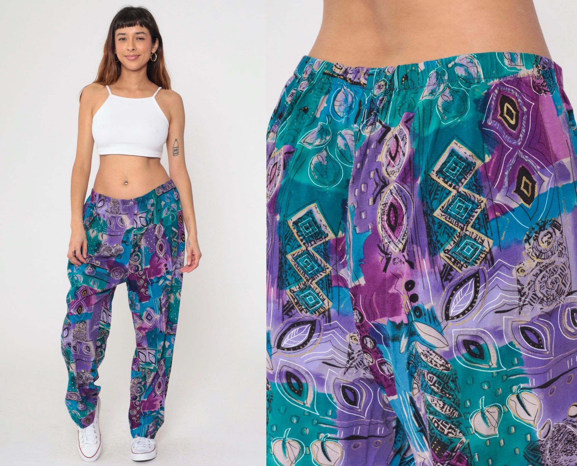 90s Fritzi Plus Sports Parachute Pants Geometric Leaf Print Purple Green Gold Trim 1X