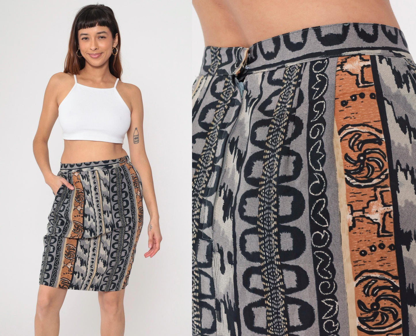 90s Geometric Striped Mini Skirt High Waisted Pencil Grey Black Tan Medium