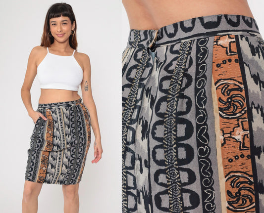 90s Geometric Striped Mini Skirt High Waisted Pencil Grey Black Tan Medium