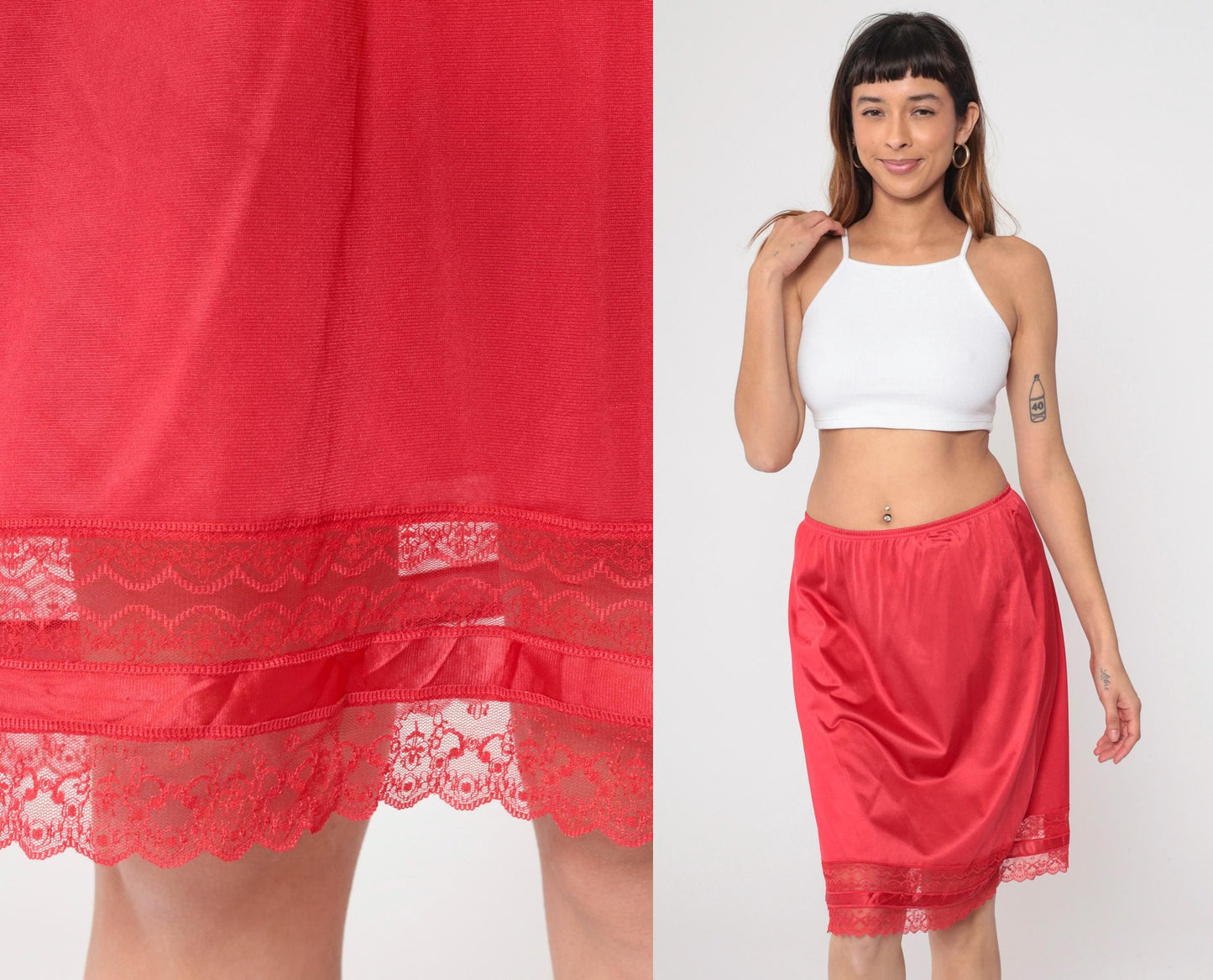 80s Vanity Fair Red Lace Half Slip Knee-Length Nylon Medium