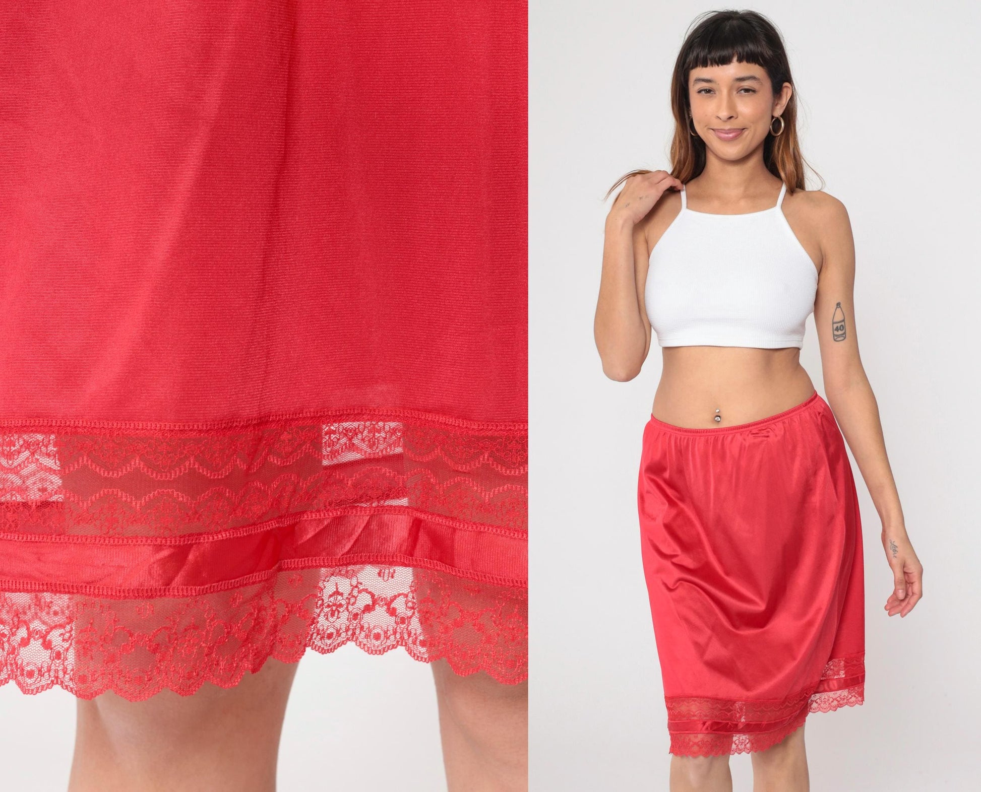 80s Vanity Fair Red Lace Half Slip Knee-Length Nylon Medium