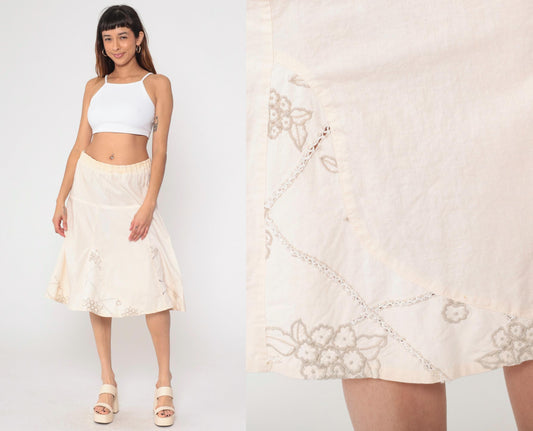 00s Floral Embroidered Cream A-Line Midi Skirt Elastic Waist Large L