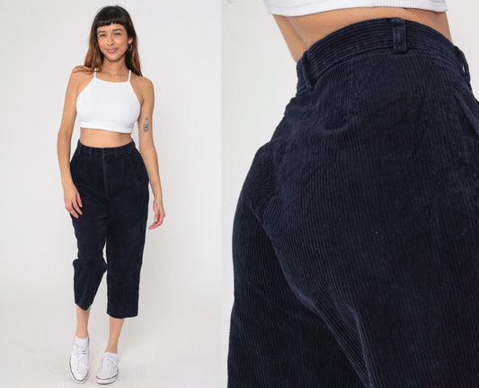 90s High Sierra Navy Corduroy Pleated Cropped Trousers Medium
