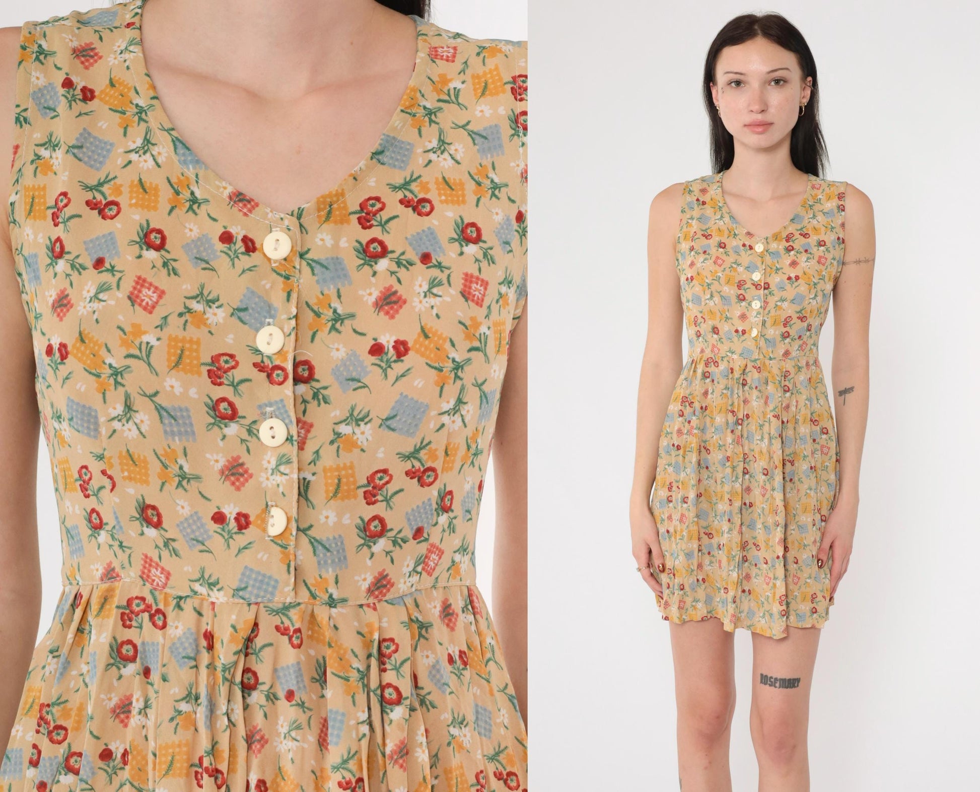 90s Floral Checkered Patchwork Mini Dress Tan Sleeveless Collared A-Line Small