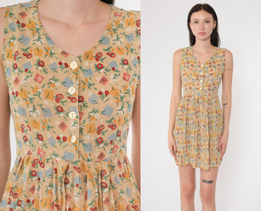 90s Floral Checkered Patchwork Mini Dress Tan Sleeveless Collared A-Line Small