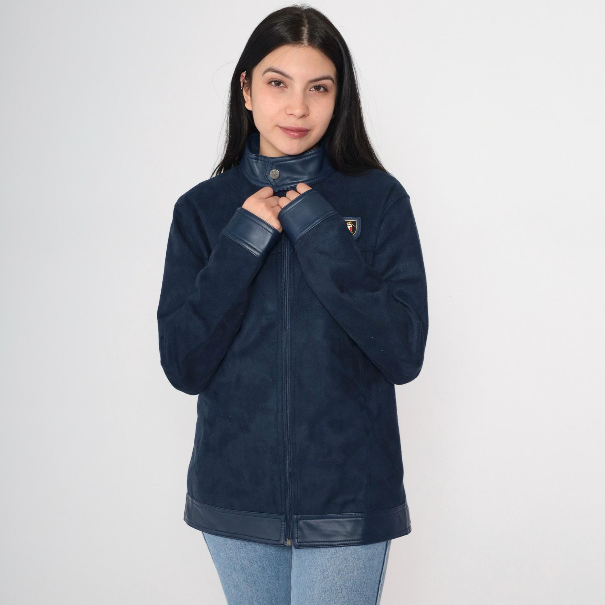 90s Collezioni Italia Faux Suede Jacket Navy Crest Logo Zip Moto Small