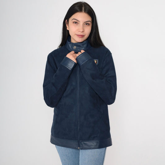 90s Collezioni Italia Faux Suede Jacket Navy Crest Logo Zip Moto Small