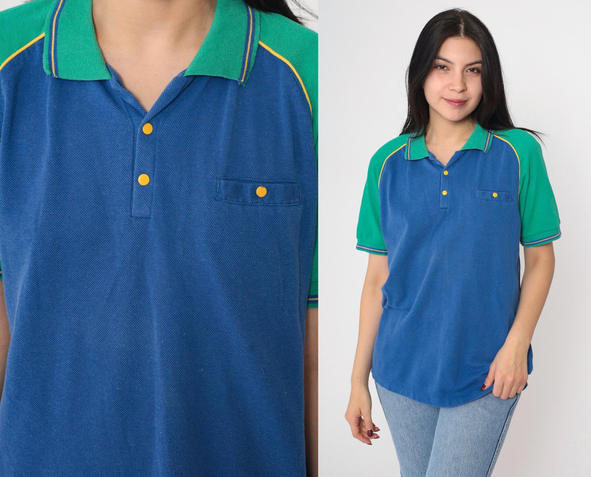 80s Bugle Boy Polo Shirt Colorblock Blue Green Raglan Medium