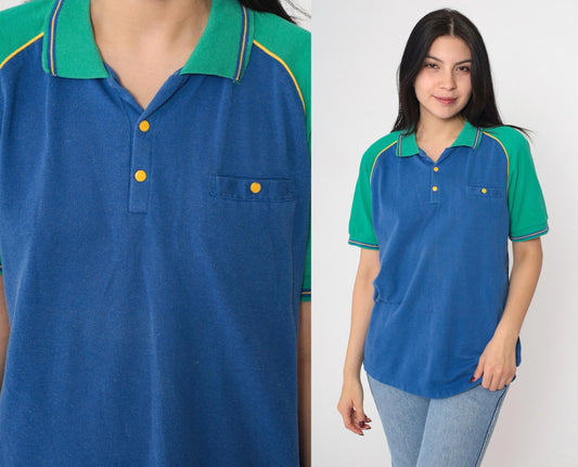 80s Bugle Boy Polo Shirt Colorblock Blue Green Raglan Medium