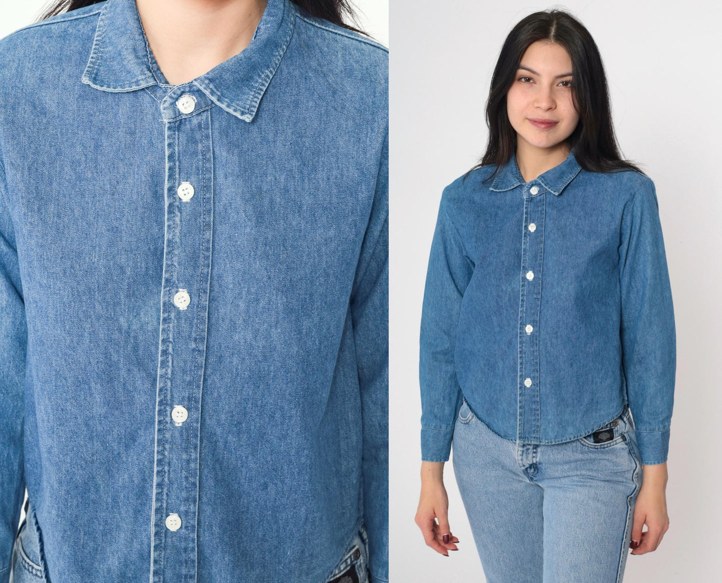 90s Contempo Casuals Denim Button-Up Shirt Blue Cotton Long Sleeve XXS