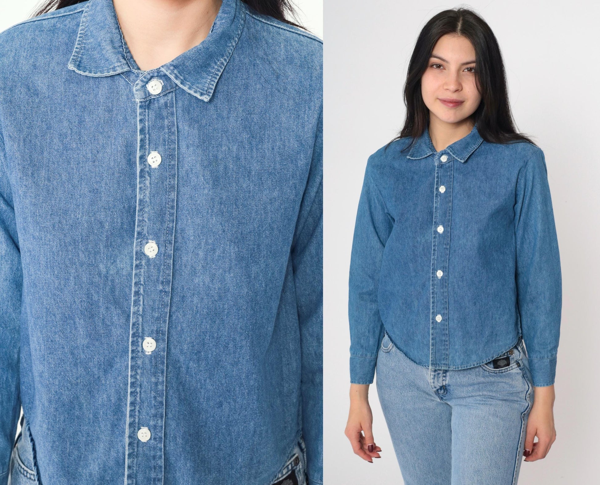 90s Contempo Casuals Denim Button-Up Shirt Blue Cotton Long Sleeve XXS