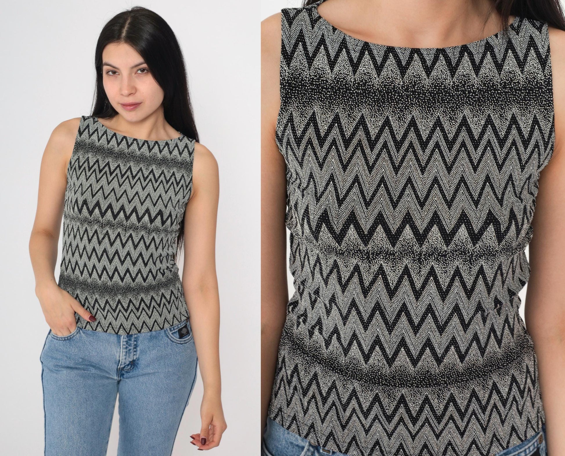 90s A. Byer Black White Chevron Metallic Tank Top Small