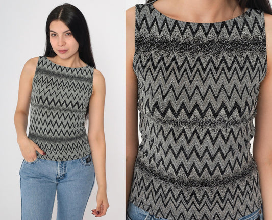 90s A. Byer Black White Chevron Metallic Tank Top Small
