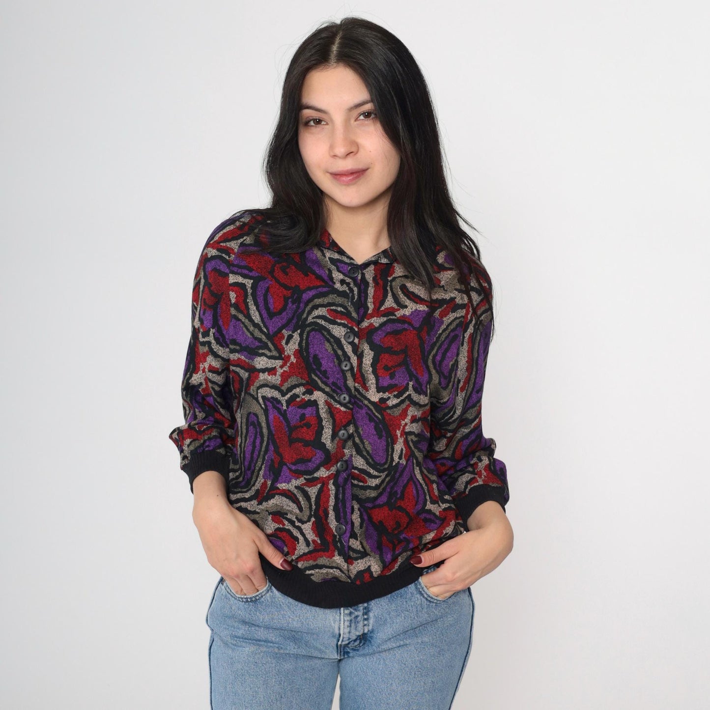 90s Abstract Floral Rayon Button Up Blouse Black 3/4 Sleeve Small S