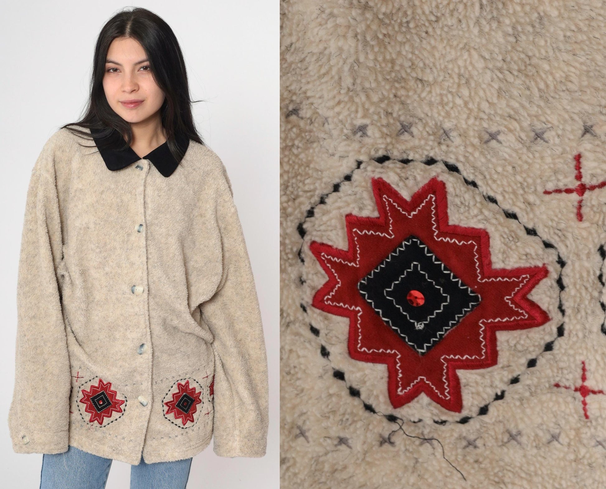 00s Southwestern Fleece Jacket Beige Aztec Button-Up XXL
