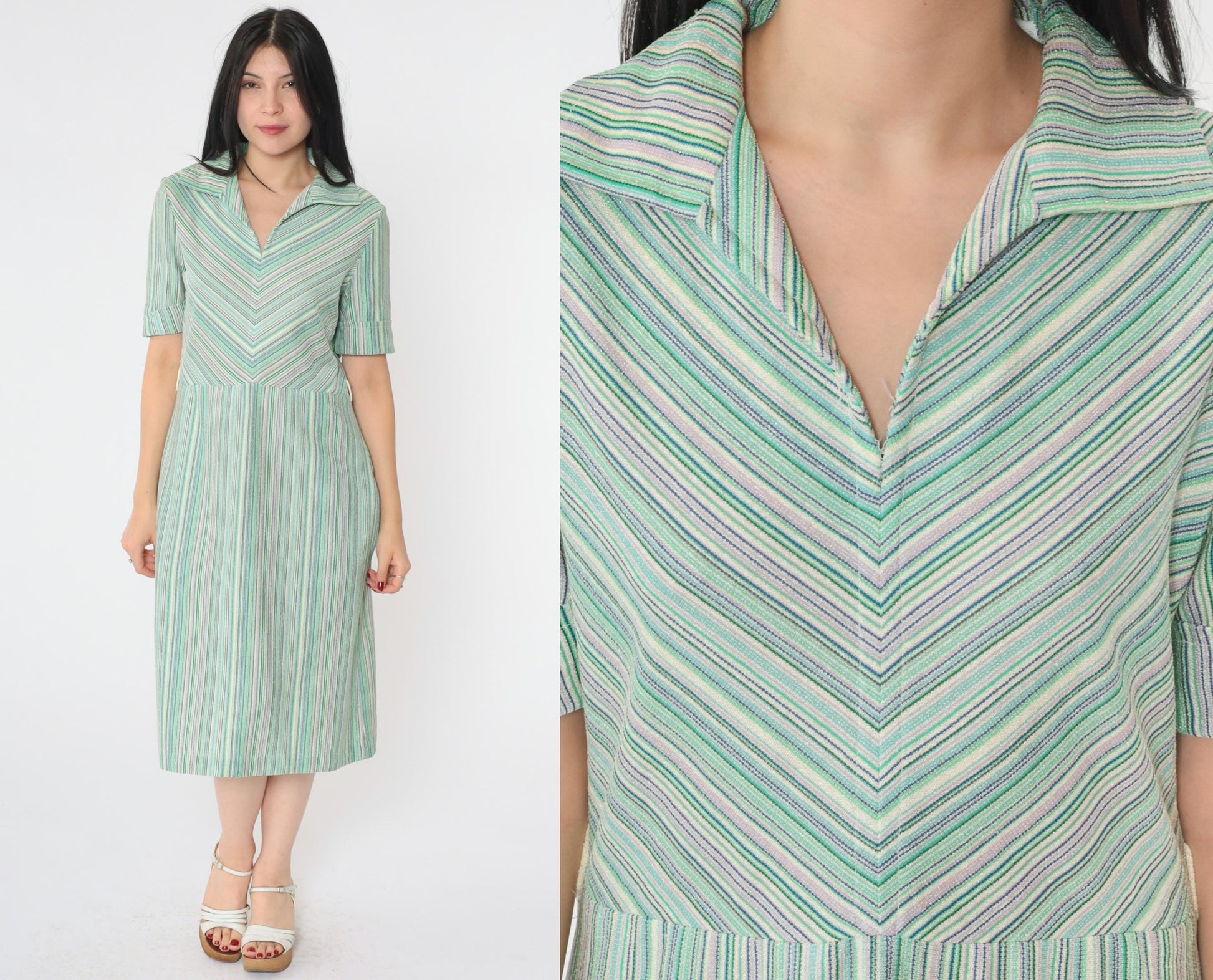 70s Chevron Striped Shift Dress Green Blue Purple Midi Collar Medium