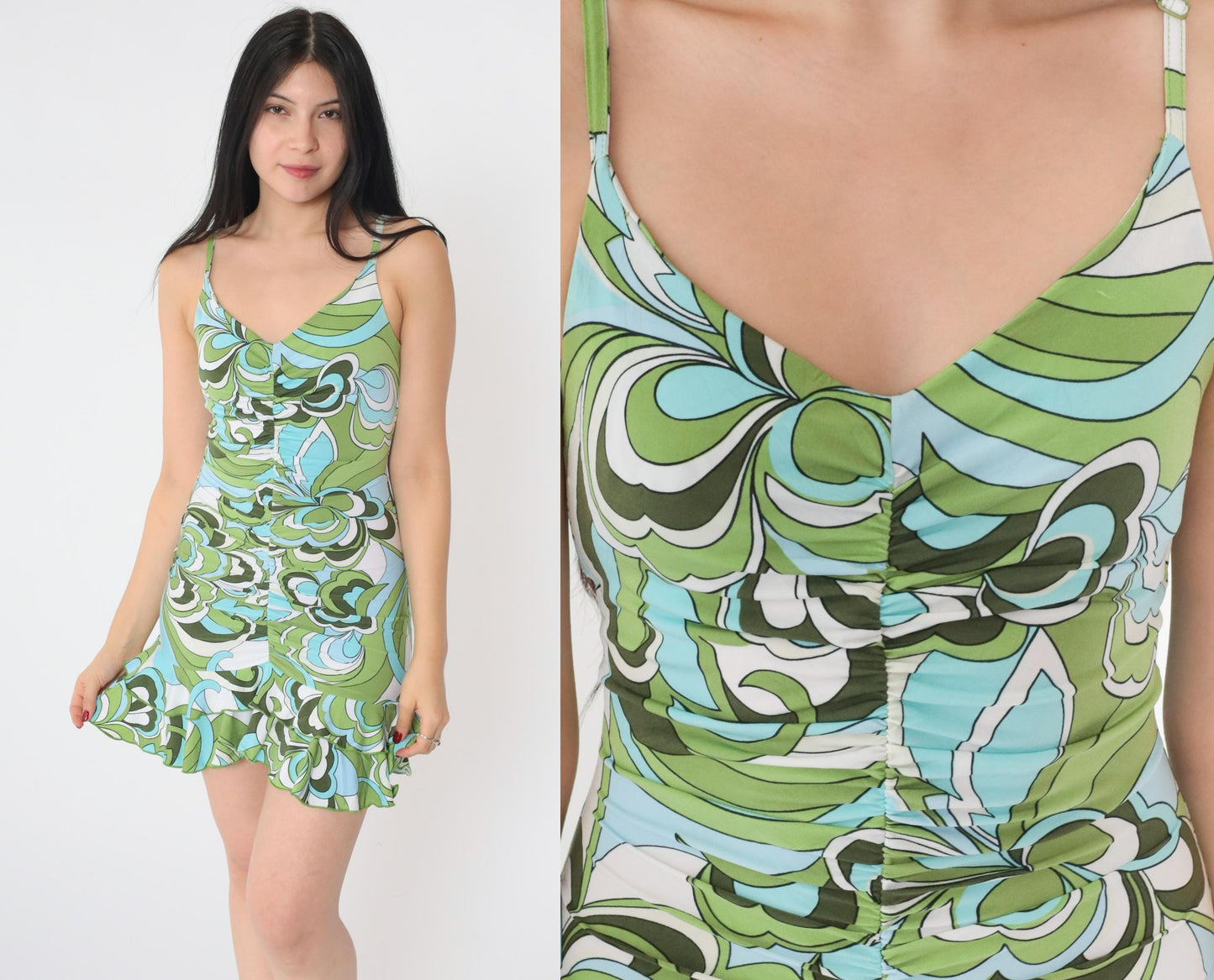 Y2K Psychedelic Floral Mini Dress Green Bodycon Ruched Spaghetti Strap Small